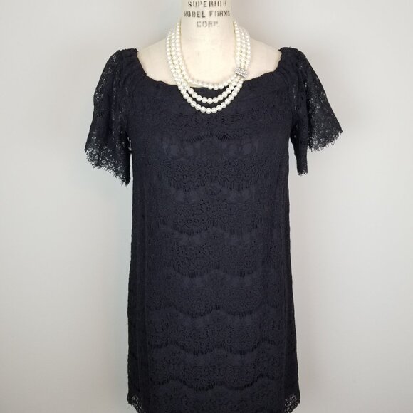 Monteau Black Eyelash Lace Off the Shoulder Shift Dress * Women's Size Medium - Picture 2 of 11